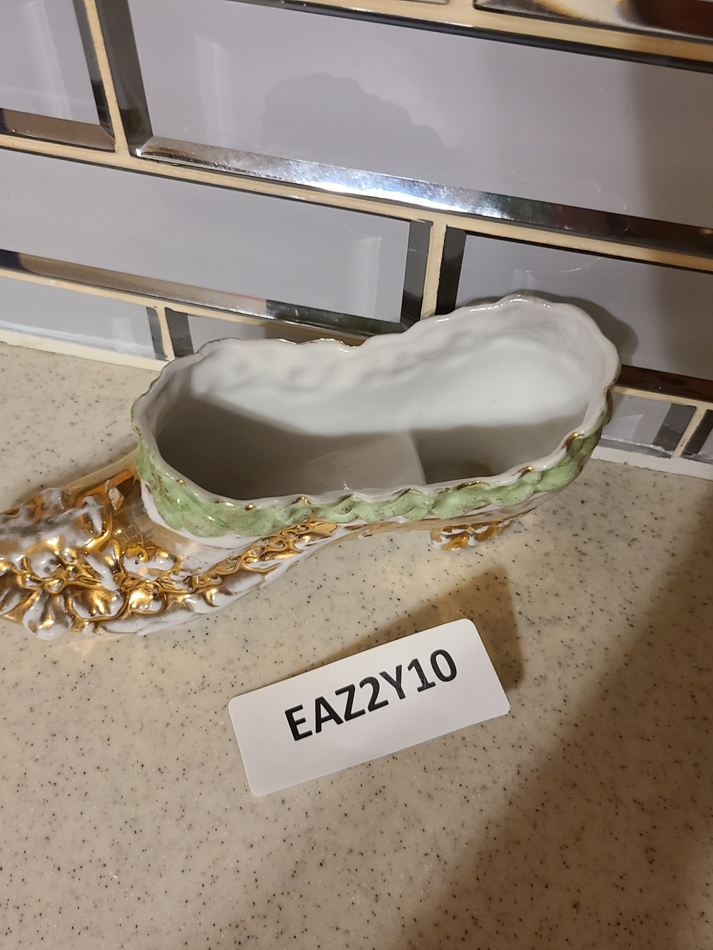 Vintage White and Gold Porcelain Decorative Shoe Planter with Green Trim
